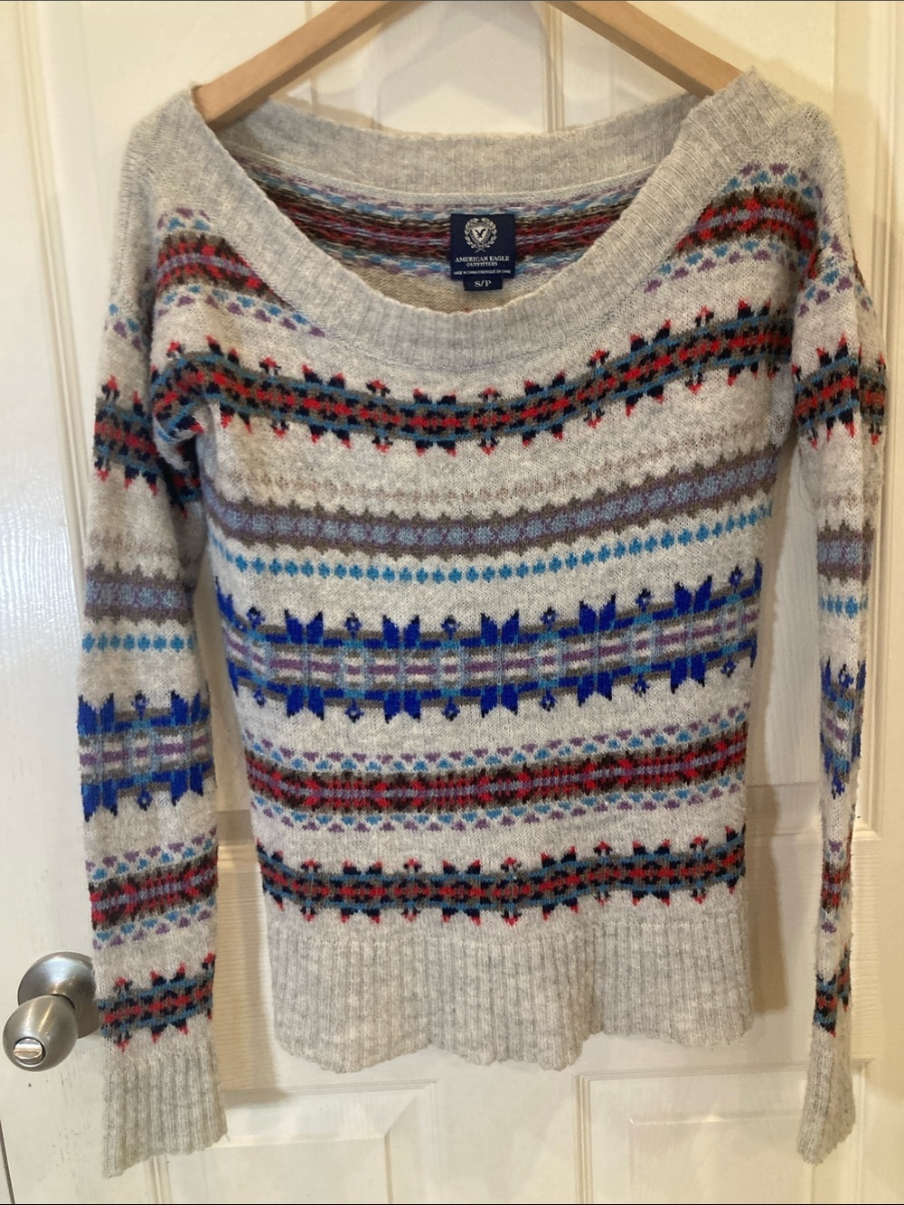 American Eagle Outfitters Women's Gray Fair Isle Crewneck Sweater